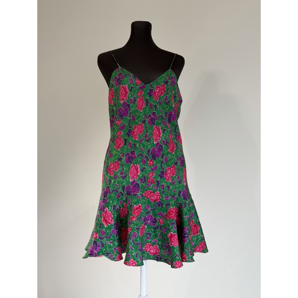 Vintage Gold Tag Victoria's Secret Green Floral Satin Slip Dress Sz S 90s